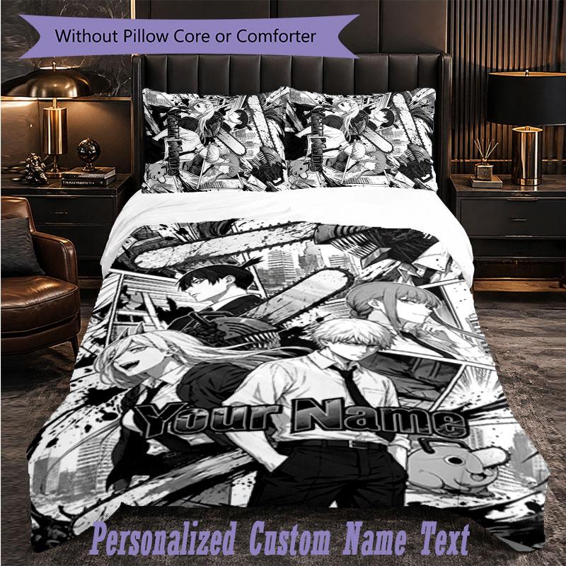 Personalized 3Pcs Bedding SetChainsaw Man Custom Text Duvet Cover Pillowcase Set Bedroom Gift