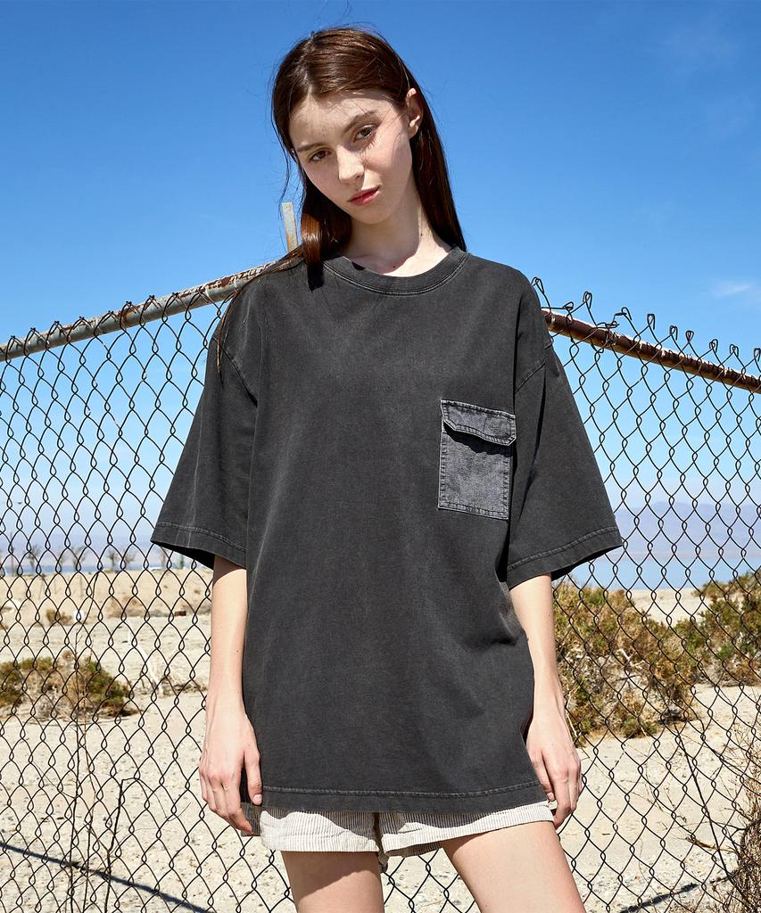 Peullukeu Out-Pocket Slam Logo Patch Pigment Short Sleeve T-Shirt Dark Gray Fst734