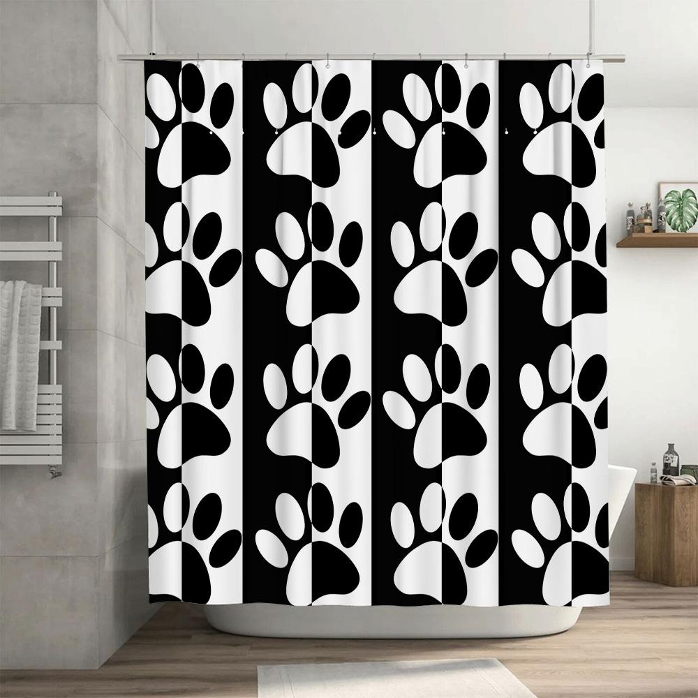 Black and White Paw Print Shower Curtain Set: Modern Decorative Shower Curtains with Ring for Bathroom (Set of 1) Size 72 x 84