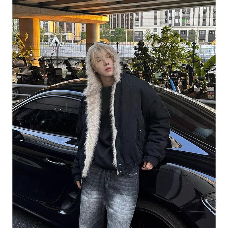 Mens Winter Hooded Cotton Puffer Jacket Solid Color Loose Fit Warm Casual Coat
