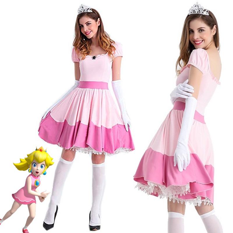 Elegant Super Mario Pink Princess Peach Costume Dress With Crown And Gloves Set