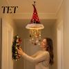 Christmas Hat Shaped Wall Decor Lighted Santa Hanging Chandelier, Warm LED String, Sequined Cone Pendant with Reusable Xmas Entrance Decorations Chime