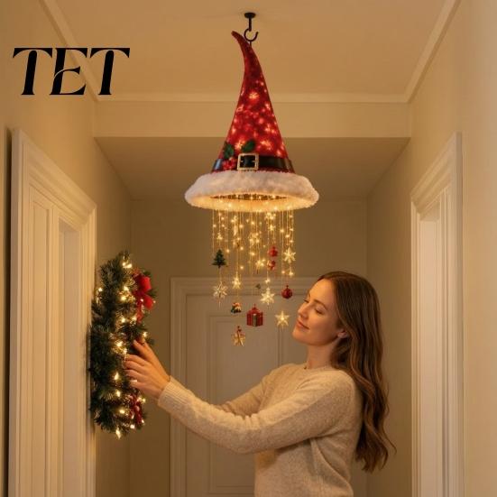 Christmas Hat Shaped Wall Decor Lighted Santa Hanging Chandelier, Warm LED String, Sequined Cone Pendant with Reusable Xmas Entrance Decorations Chime