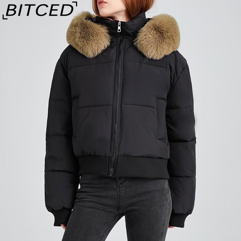 BITCED High-Waisted Oversized Fur-Trimmed Hooded Cropped Cotton Jacket for Women Autumn/Winter Down-Filled Cotton Jacket Slim-Fit Jacket Outerwear