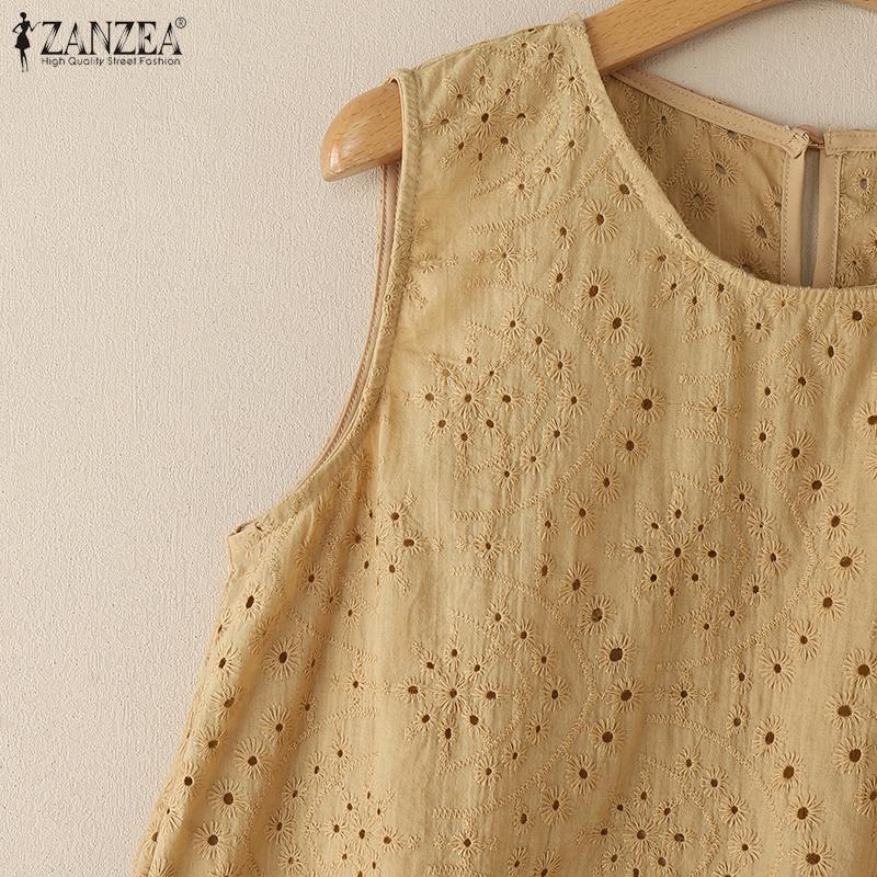 ZANZEA Women Casual Round Neck Summer Embroidery Crochet Sleeveless Tank Tops