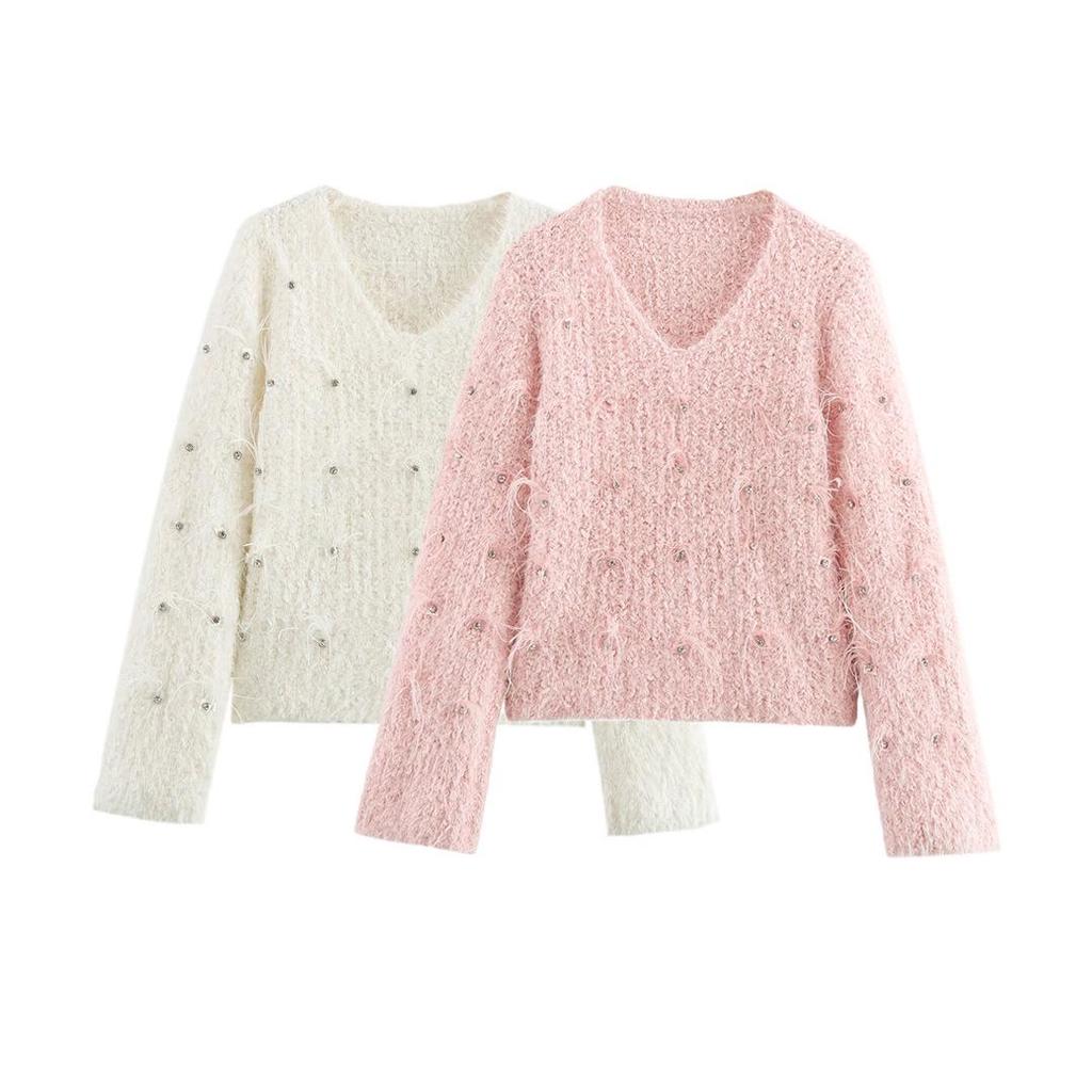 2024 Winter Women's Rhinestone V-Neck Fuzzy Knit Pullover Sweater