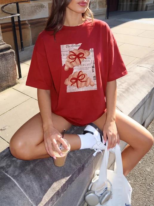 Oversized Y2K print T-shirt: Croissants L