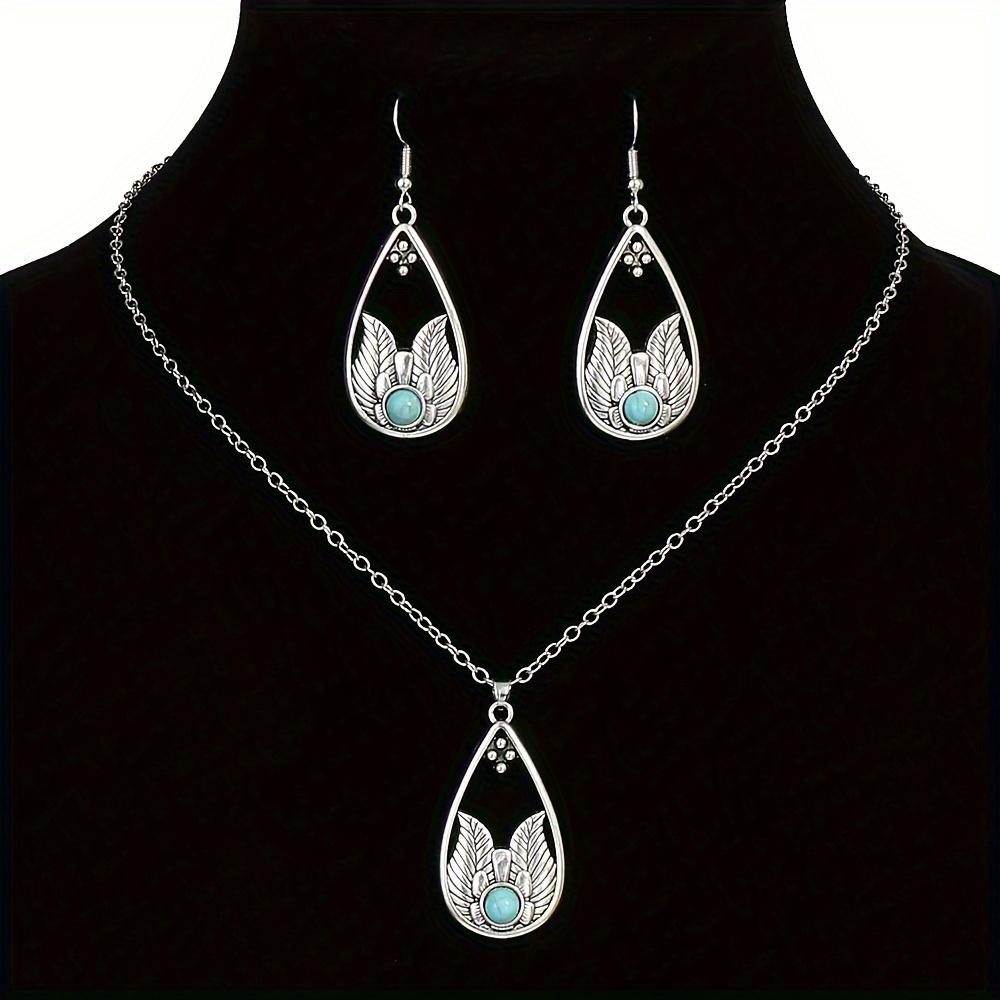 Boho Ethnic Antique Silver Zircon Set for Women Girls Geometric Earrings Pendent Necklace Birthday Gifts Daily Wear Versatile