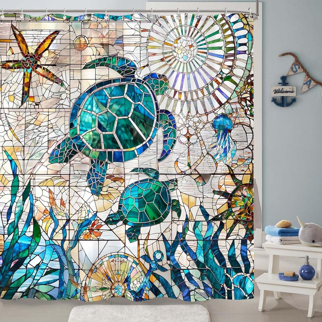 Stained Glass Turtle Shower Curtain Sea Life Art Ocean Pattern Starfish Jellyfish Mosaic Design Bath Decor Waterproof Fabric