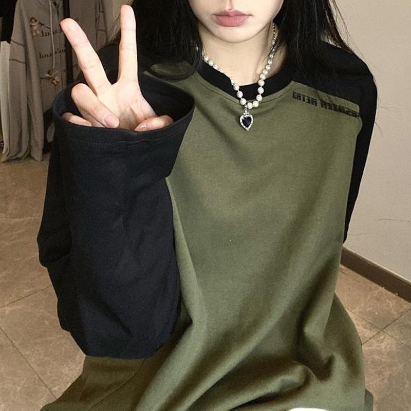 

Весняно-осіння нішева футболка реглан з довгим рукавом, контрастним круглим вирізом, вільного крою, повсякденна, оверсайз, модна, універсальна L зелений