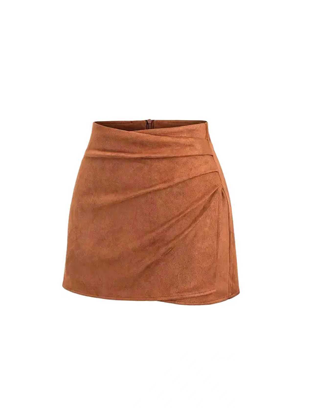 European & American Women s Faux Suede Mid-Waist Wrinkled Short Skirt - Versatile for Spring & Autumn XL чёрный