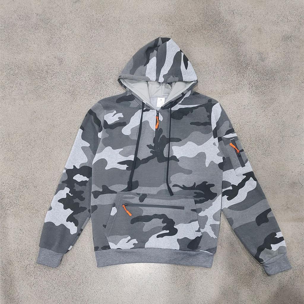 Men's Camouflage Half Zip Hoodie, Long Sleeve Drawstring Hooded Sweatshirt with Zipper Pockets, Casual Tactical Streetwear Pullover for Men