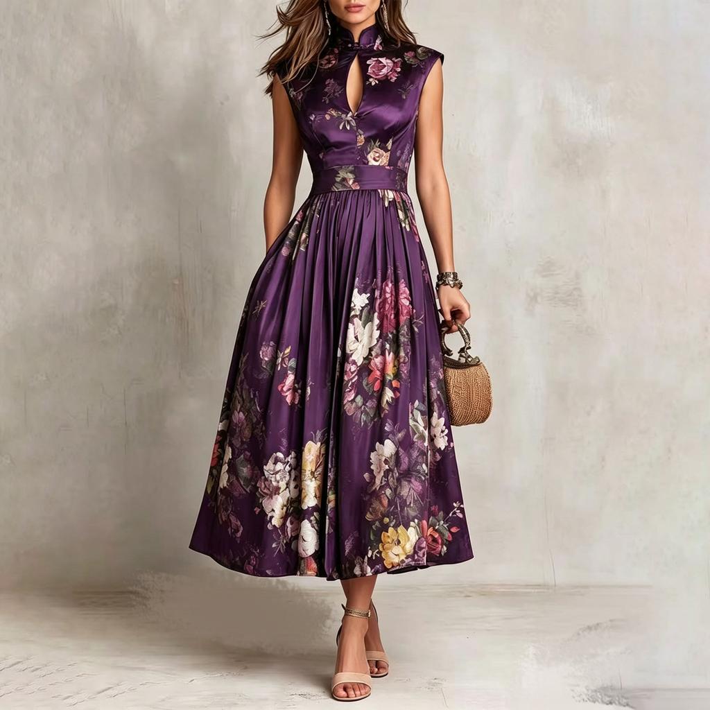 European and American women's clothing, temperament sleeveless digital printing long dress three-dimensional flower slim dress