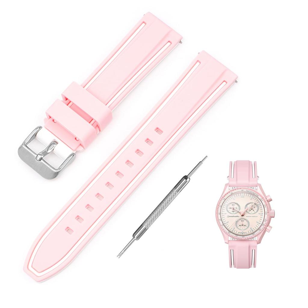 Jumpsunfun 20mm Watch Band for Swatch X OMEGA Speedmaster Silicone Watch Strap with Quick Release Replacement Pink and White Lines MoonSwatch, Tool,