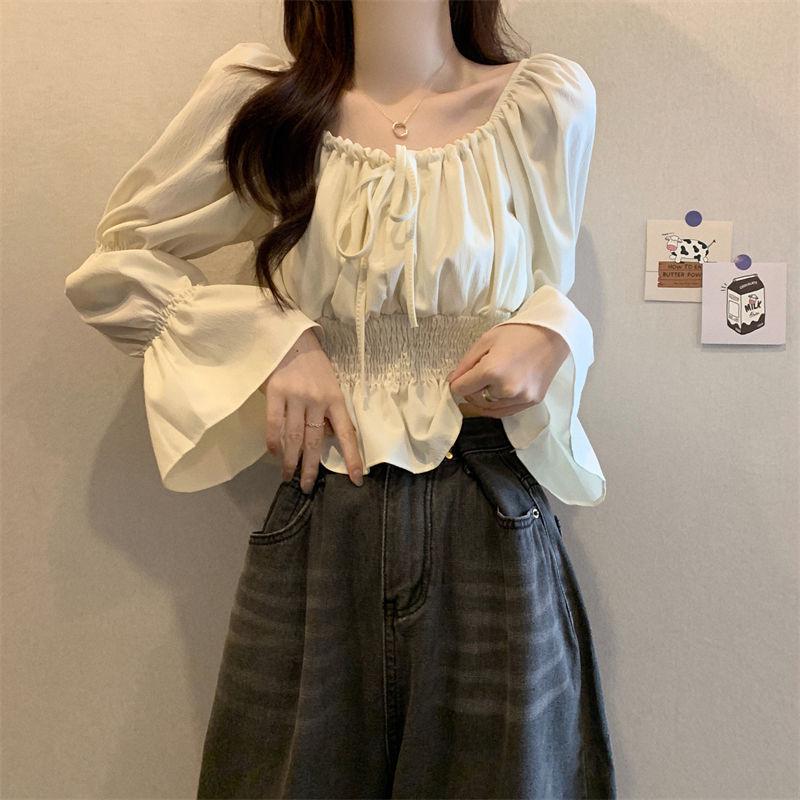 French Puff Sleeve Ruffle Top: Niche Design, Gentle Clavicle Style, Waist-Cinching, Versatile & Elegant