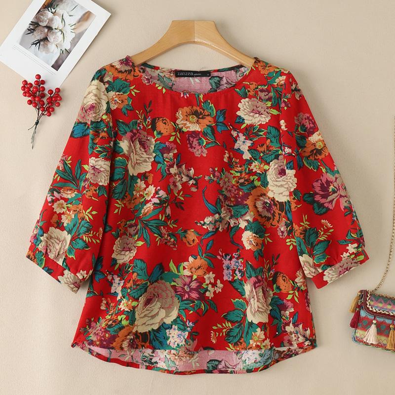 

ZANZEA Женская повседневная блузка из хлопка с принтом, круглым вырезом и рукавами 3/4 S красный