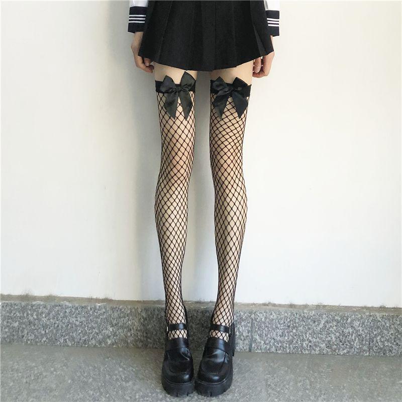 Black Silk Fishnet Over-the-Knee Lace Suspenders with Bow