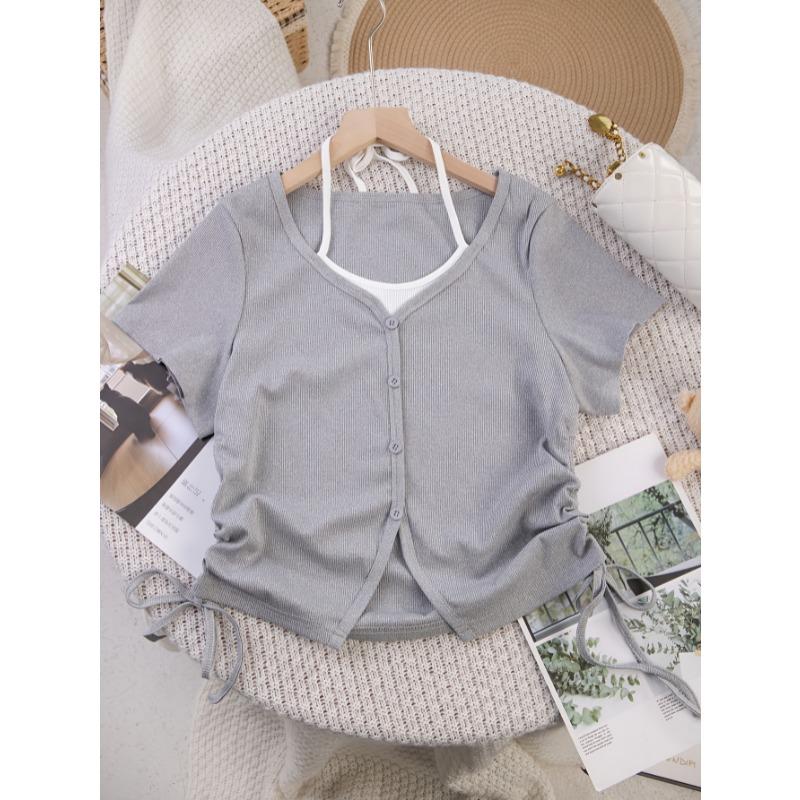 

Однотонная поддельная футболка из двух частей с завязками на шее и короткими рукавами, женские топы XL светло-серый