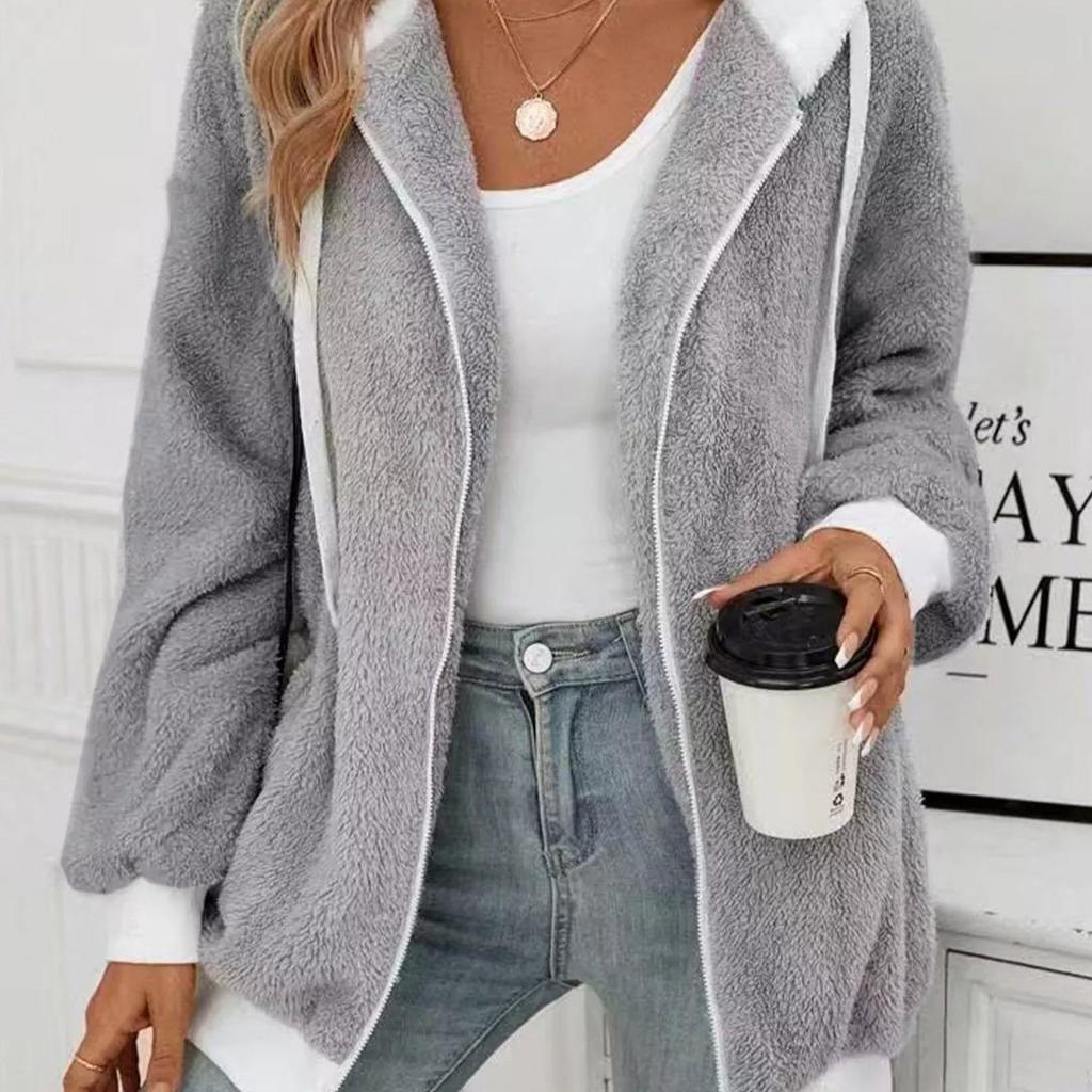 Women S Loose Plush Zip Up Hooded Coat For Autumn Winter