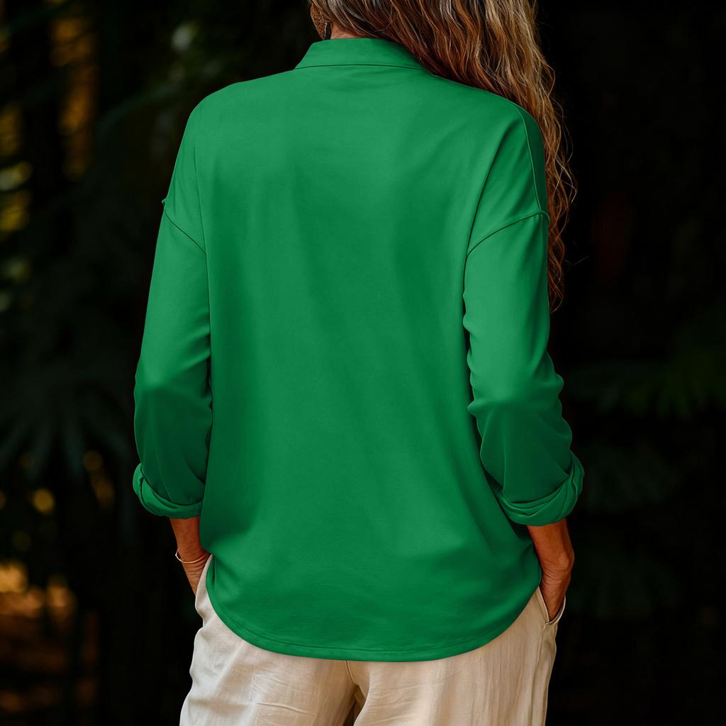 Dámské módní a ležérní volné jednobarevné top s dlouhým rukávem, kulatým výstřihem a zapínáním na knoflíky