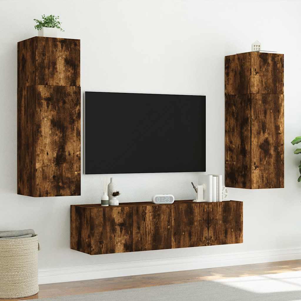 Wall Mounted TV Cabinet with LED Lights Smoked Oak Finish 60 x 35 x 31 cm