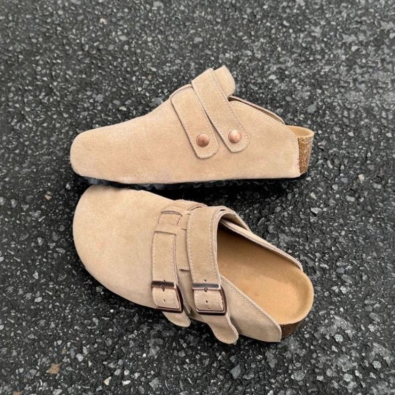 Women's Fashion Round Head Deep Mouth Suede Metal Buckle Inside Increase Anti-slip Wear-resistant Flat Shoes