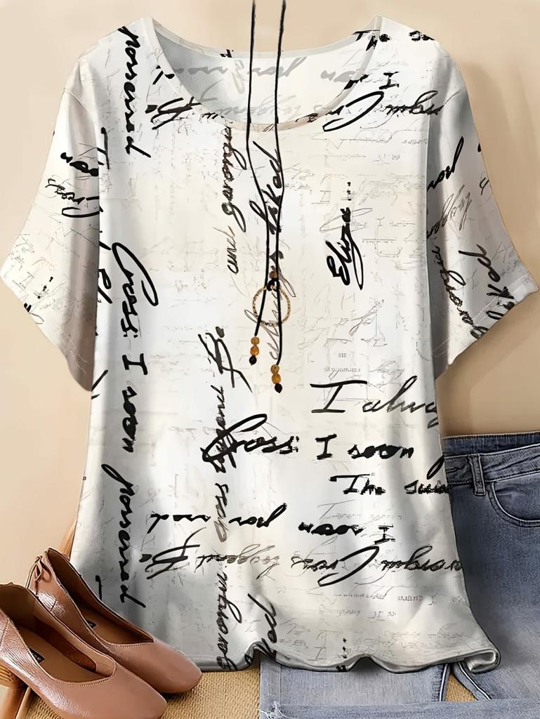 Vintage Newspaper Letter Print Women's T-Shirts Casual Fashion O-Neck Top Oversize Tees Summer Loose T-Shirt Women's Clothing