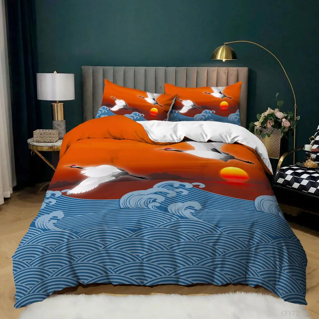 Japanese Style Comforter Cover Set Cherry Blossoms Crane 2/3pcs Polyester Bedding Set Sea Waves Duvet Cover Set Twin Queen Size