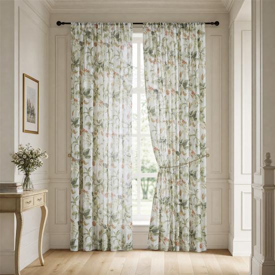 Curtain with Hole-Free Installation, Cotton Linen Printing Window Curtain, Light Blocking Privacy Protection Curtain for Bay Window