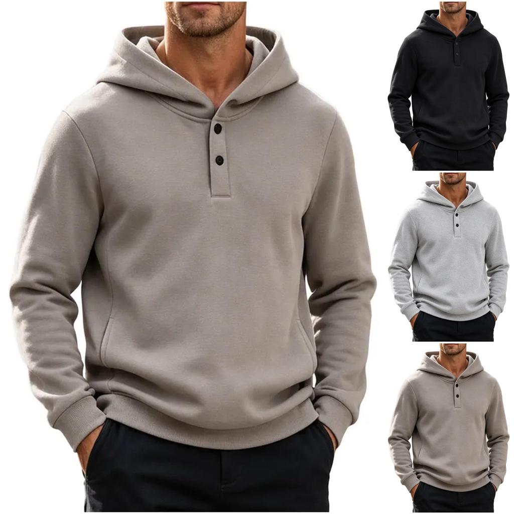 Men's Hoodie with Button Collar Casual Pullover Sweatshirt for Spring and Fall