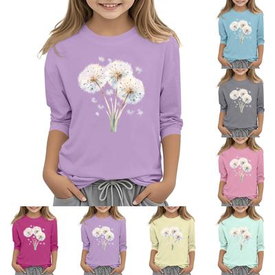 Children's 3/4 Sleeve Round Neck Flowers Print Casual Top
