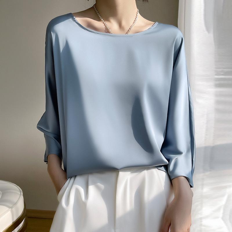 Round Neck Nine-point Sleeve Loose and Slim Simple and Fashionable Shirt Summer Thin Drooping Niche Design Top