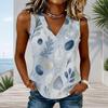 Women Plus Size V Neck Sleeveless Tank Top Leaf Print Light Blue Casual Top