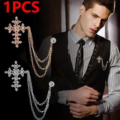 1 Uds. Broche cruzado Vintage a la moda para hombre, cadena con borlas de alta gama, Pin para solapa de cuello de camisa, broches de circón, accesorios de ropa, regalos de joyería