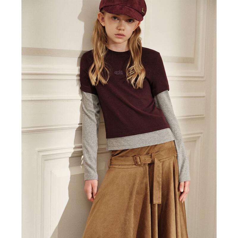 ELLE KIDS Girls  Beaded Color-Block Faux Two-Piece Long Sleeve T-Shirt 130