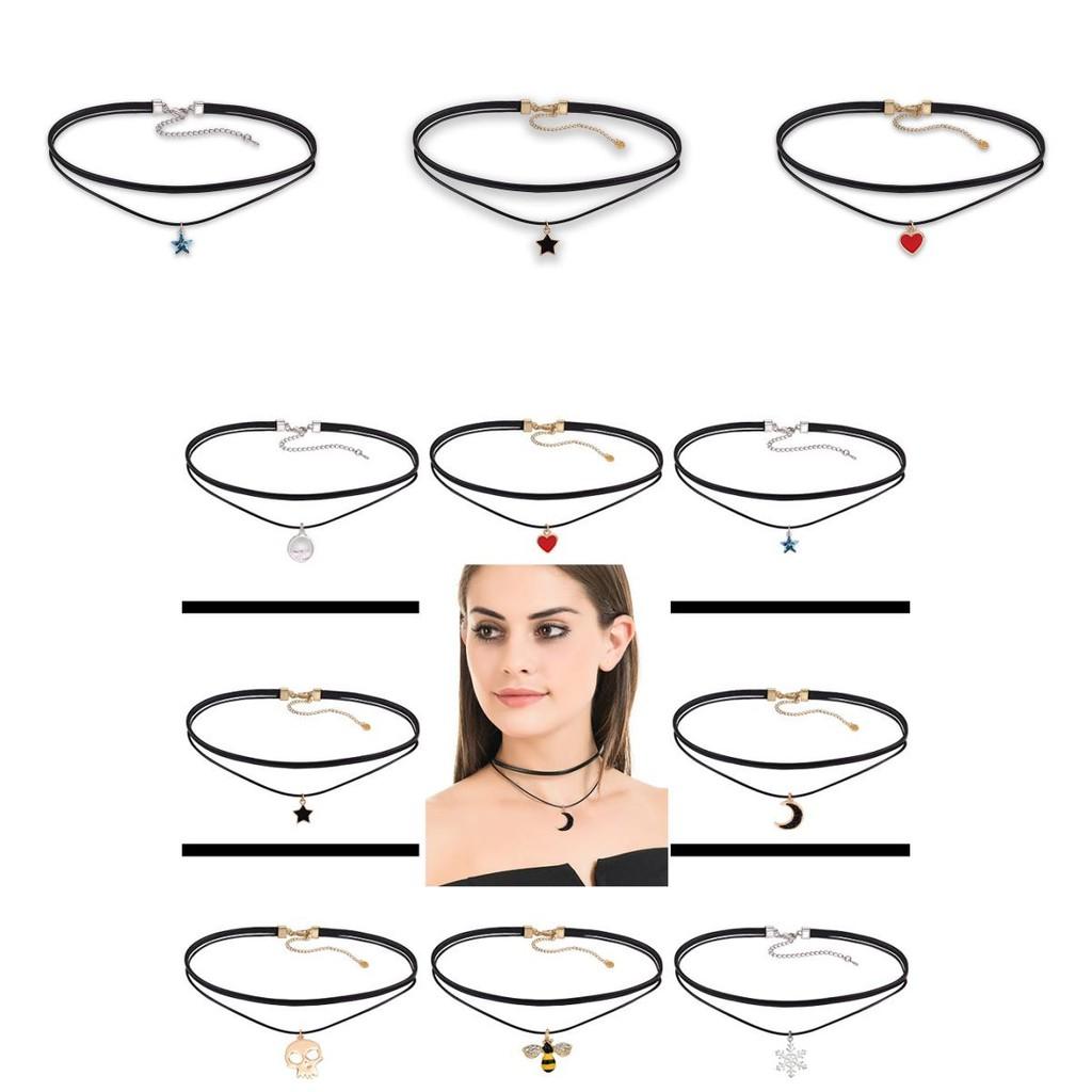 Trendy Pu Layered Choker Necklace For Women With Eye-catching Dual Heart And Star Pendants