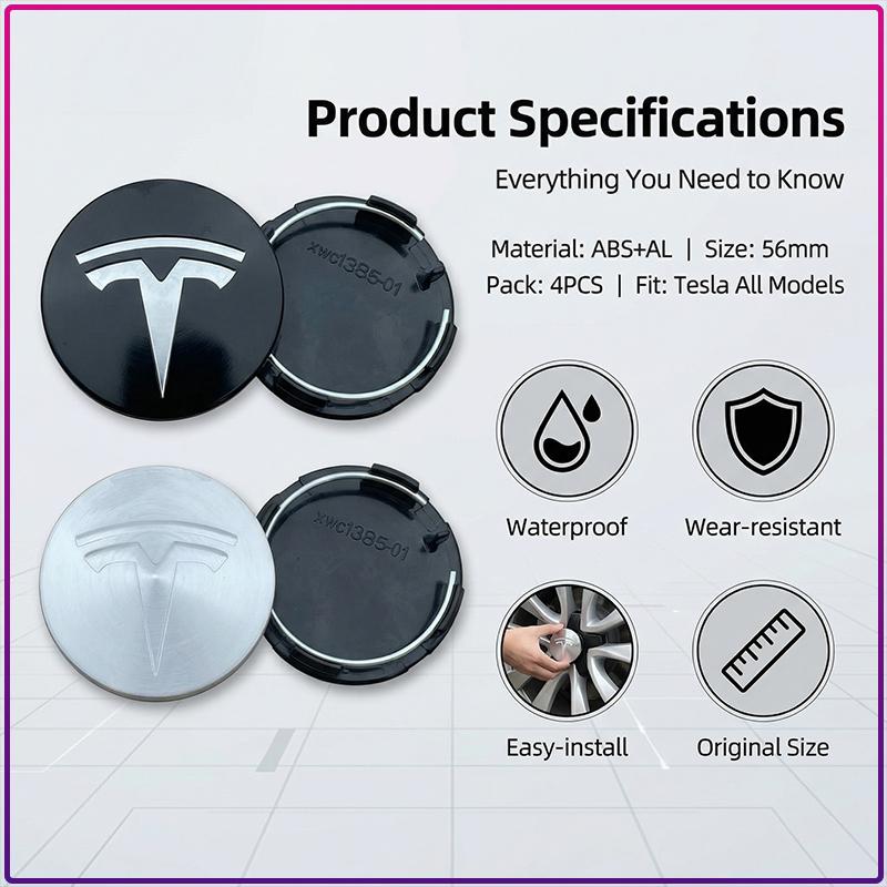 4Pcs 56MM Car Badge Emblem Wheel Center Hub Caps Rim Hubcap Cover For Tesla Model S Model X Model Y Cybertruck Model 3 Model Y