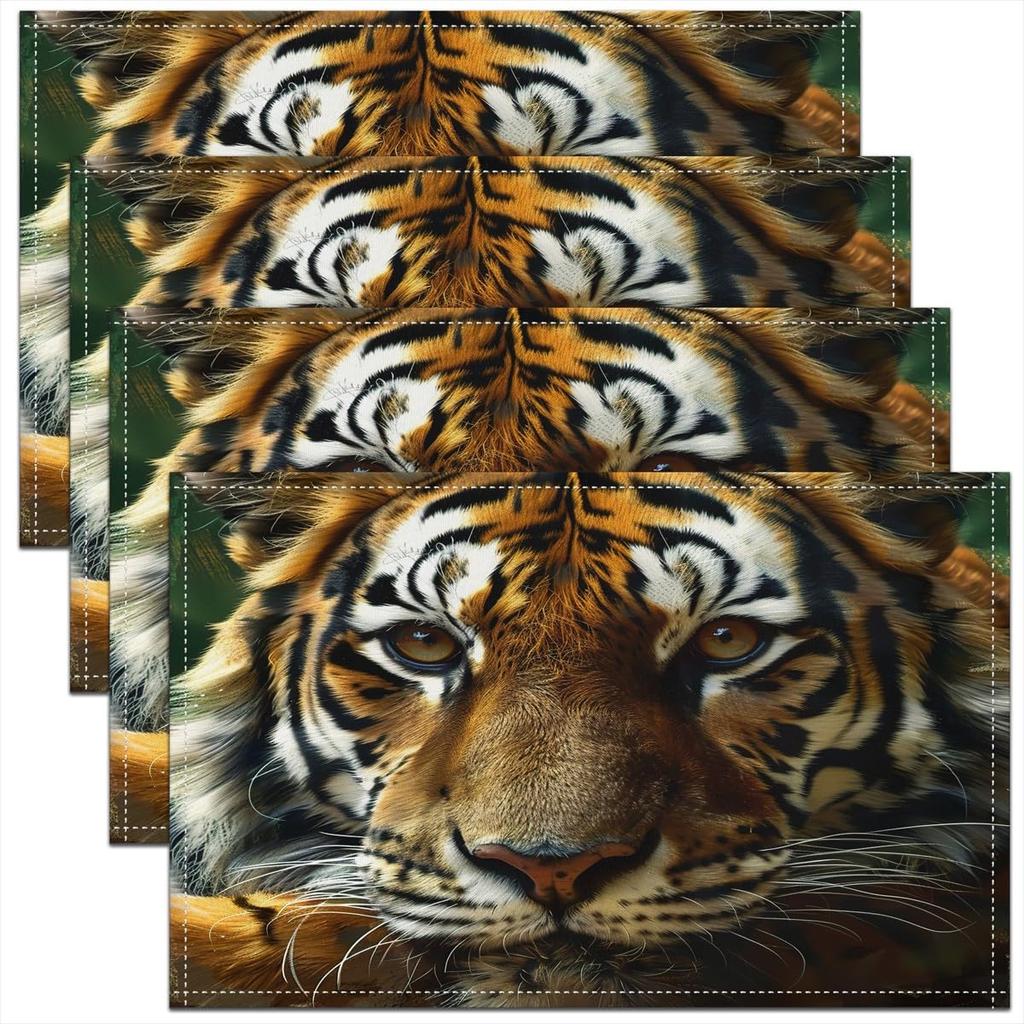 Tiger Placemats Set of 4 Wild Animal Decor Table Mats for Dining Table Seasonal Holiday Tiger Place Mats 12 X 18 Inch