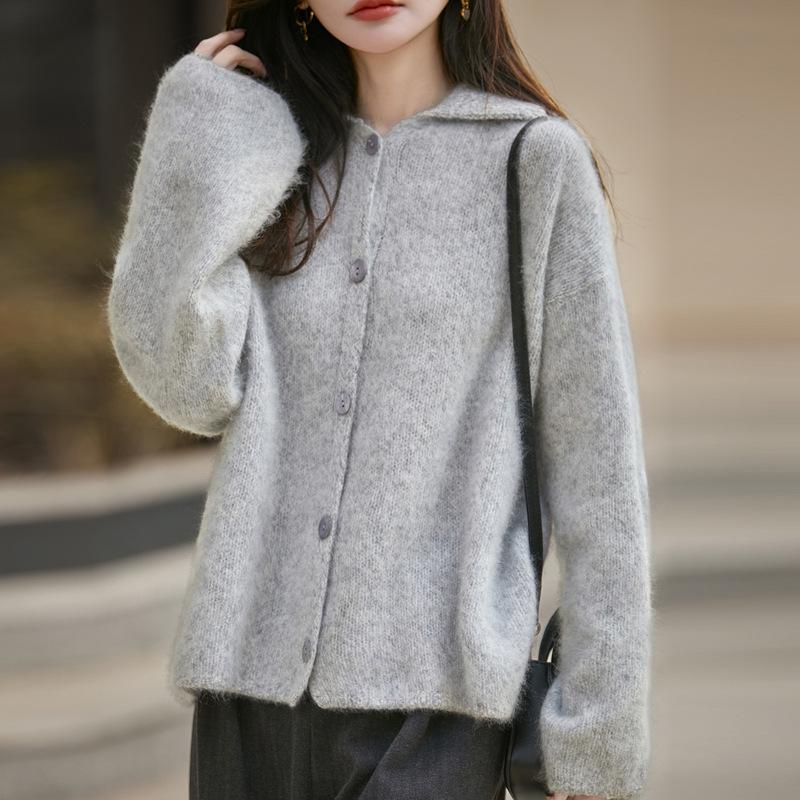 Women's Heather Yarn Polo Collar Cashmere Wool Blend Cardigan - Thick, Long Pile, Plush, Warm, Perfect for Autumn and Winter