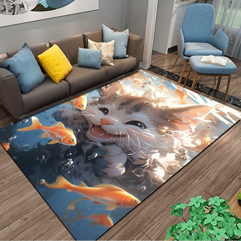 Cute Cat and Goldfish Playful Scene Printed Carpet for Home Decor Suitable for use as an anti-slip for living room bedroom sofas