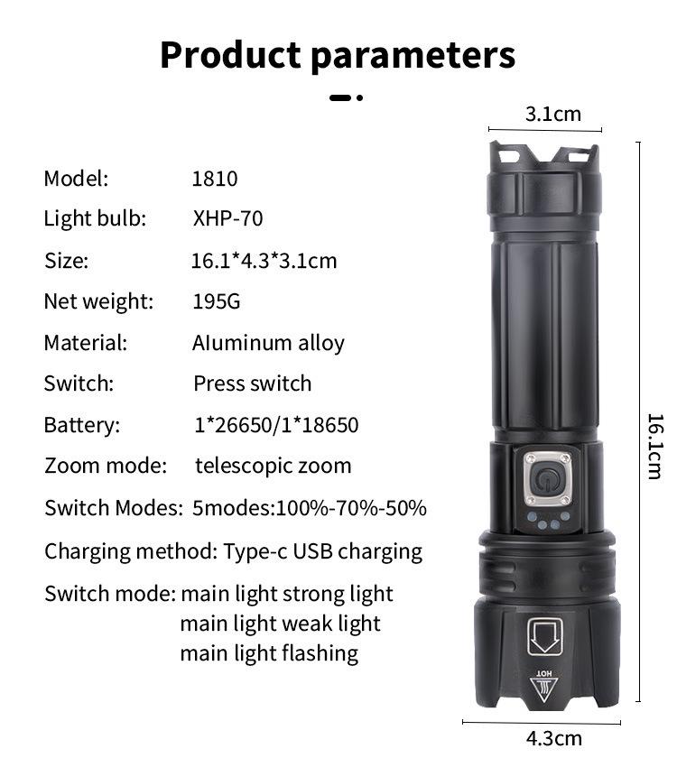 XHP70 High-Brightness LED Flashlight - Aluminum Alloy, Telescopic Zoom, Electric Display, Waterproof, Multifunctional Outdoor Handheld Light