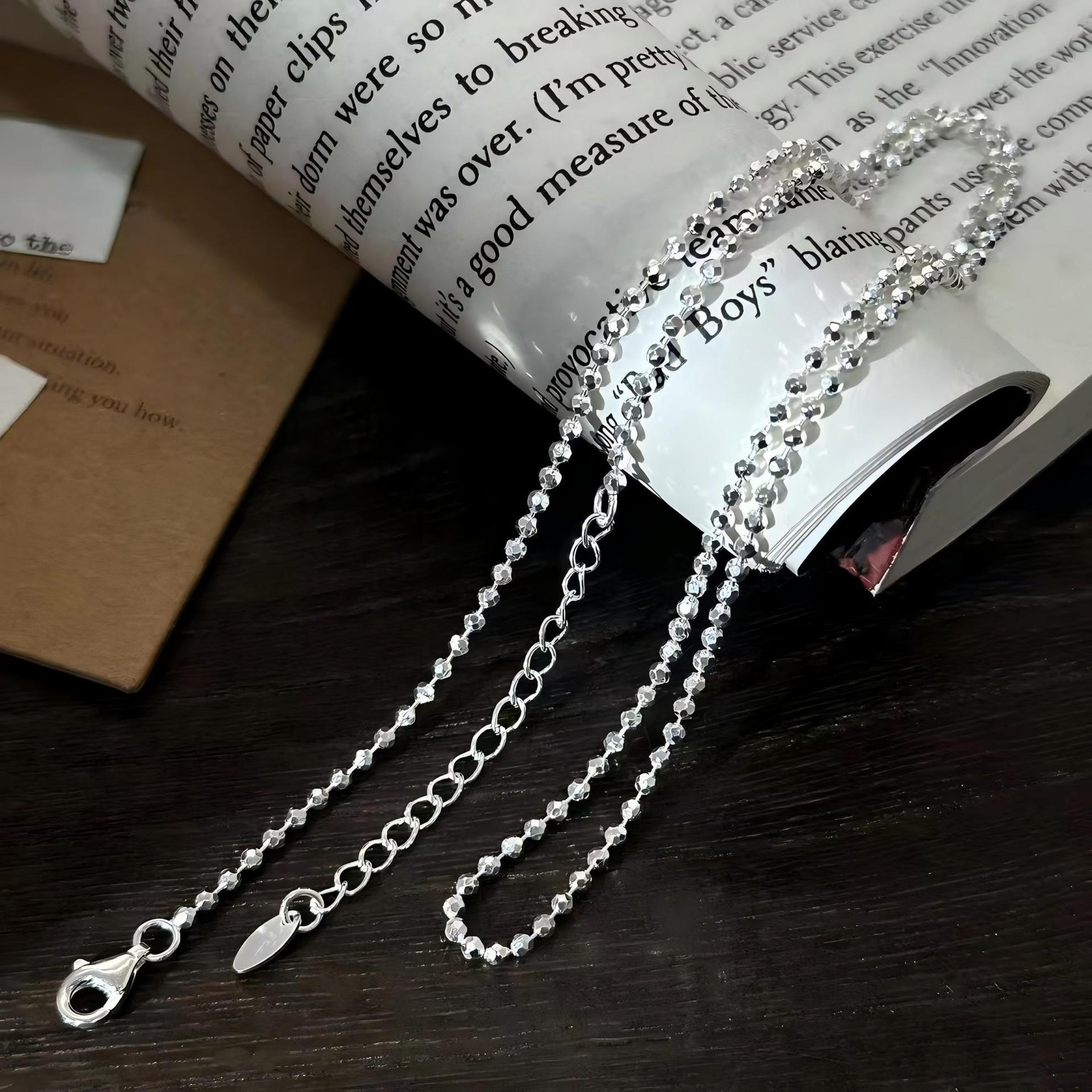 S925 Sterling Silver 2mm Sparkling Faceted Bead Necklace - Trendy Minimalist Pendant Chain Electroplated