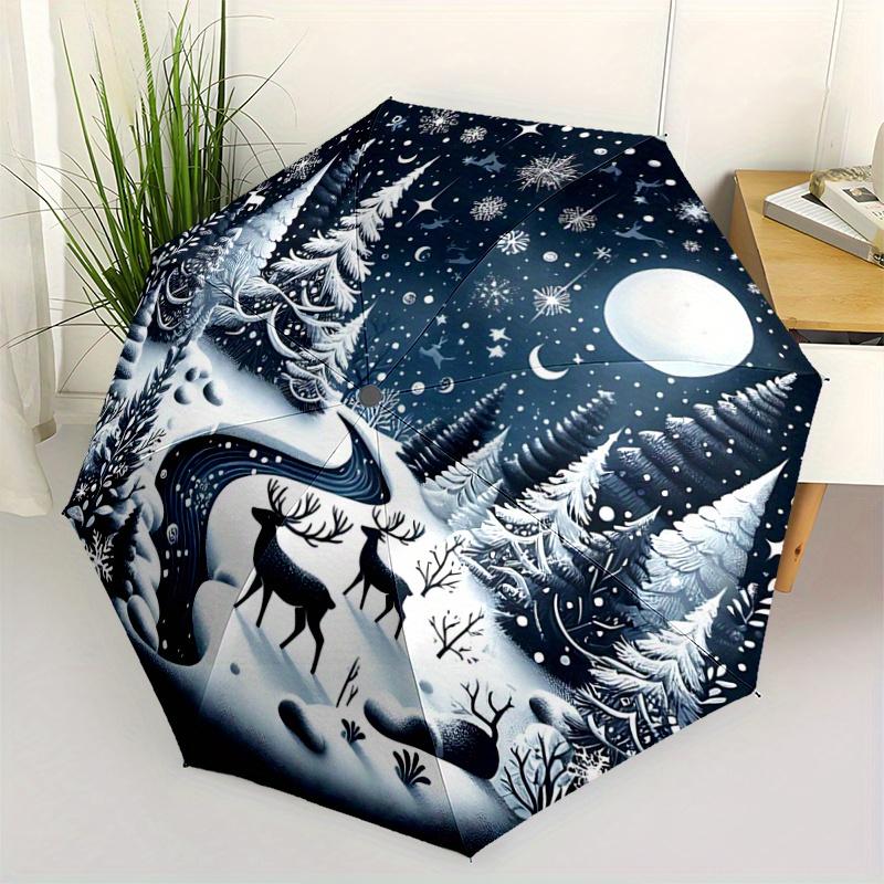 1pc Deer in the Snow Fully Automatic Folding Portable Umbrella, 8 Iron Frames, Three-Fold Design, Suitable for All Seasons, Suitable for Outdoor