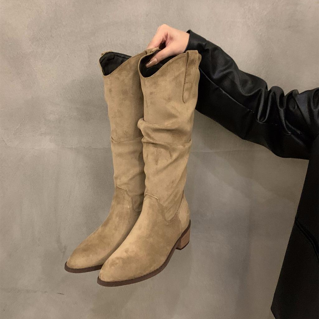 Women's Slouchy Knee High Boots Riding Combat Boots Chunky Block Heel Fall Winter Non-Slip Wide Calf Pull on Low Heels Walking Booties Shoes for Women