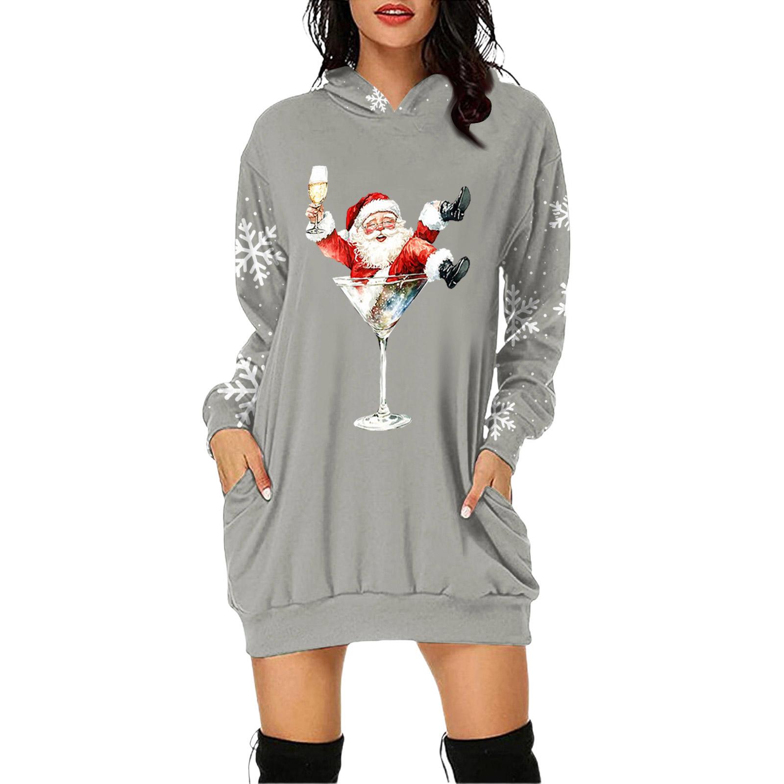 

Жіноча сукня-пуловер з капюшоном і кишенями з різдвяним принтом і довгими рукавами L