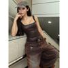 Kkx American Style Gyaru Square Collar Sleeveless PU Leather Sleeveless T-shirt Street Sexy Slim Fit Slimming Solid Sling Top
