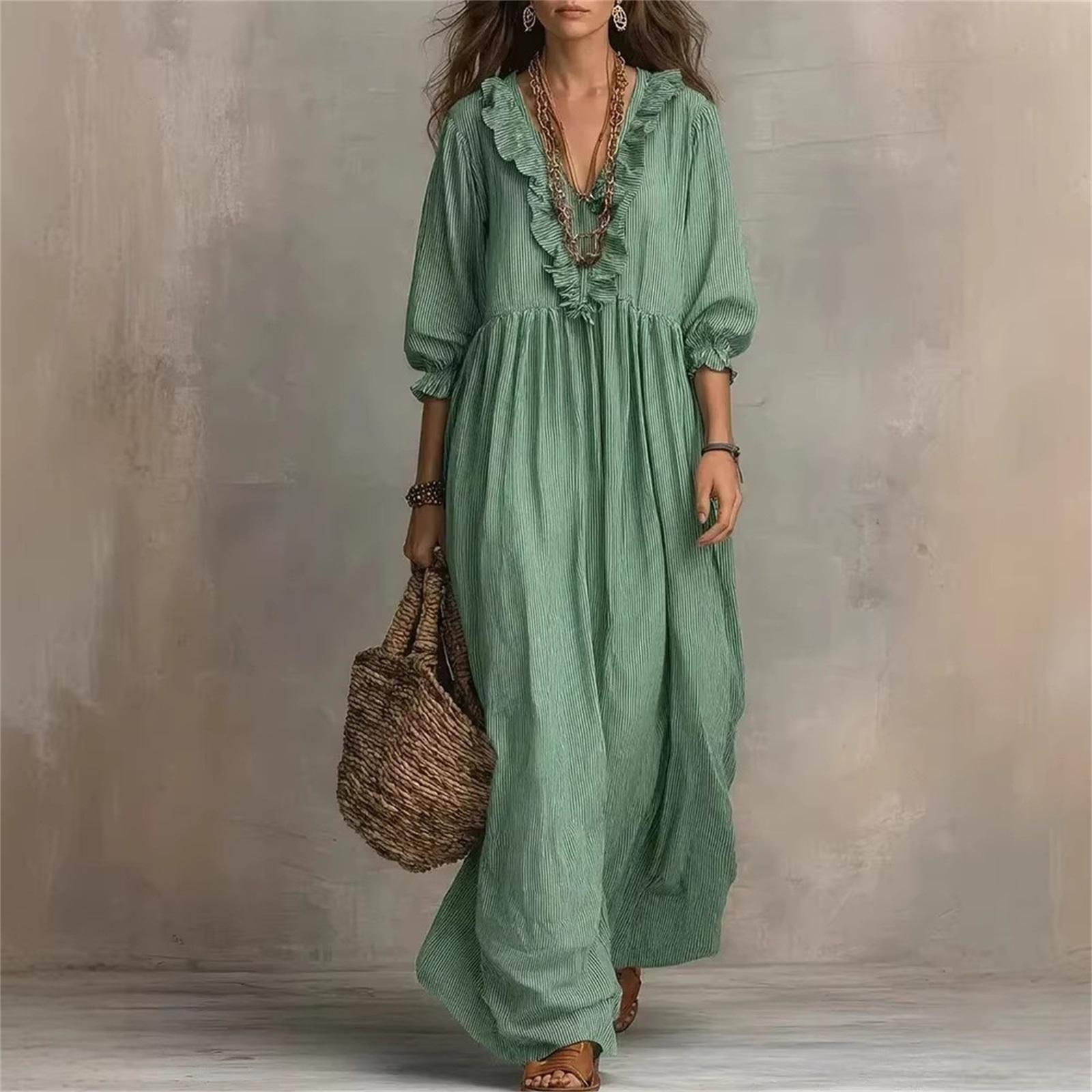 Women s Fashionable Casual Dress With Ruffled V-Neck L зелёный