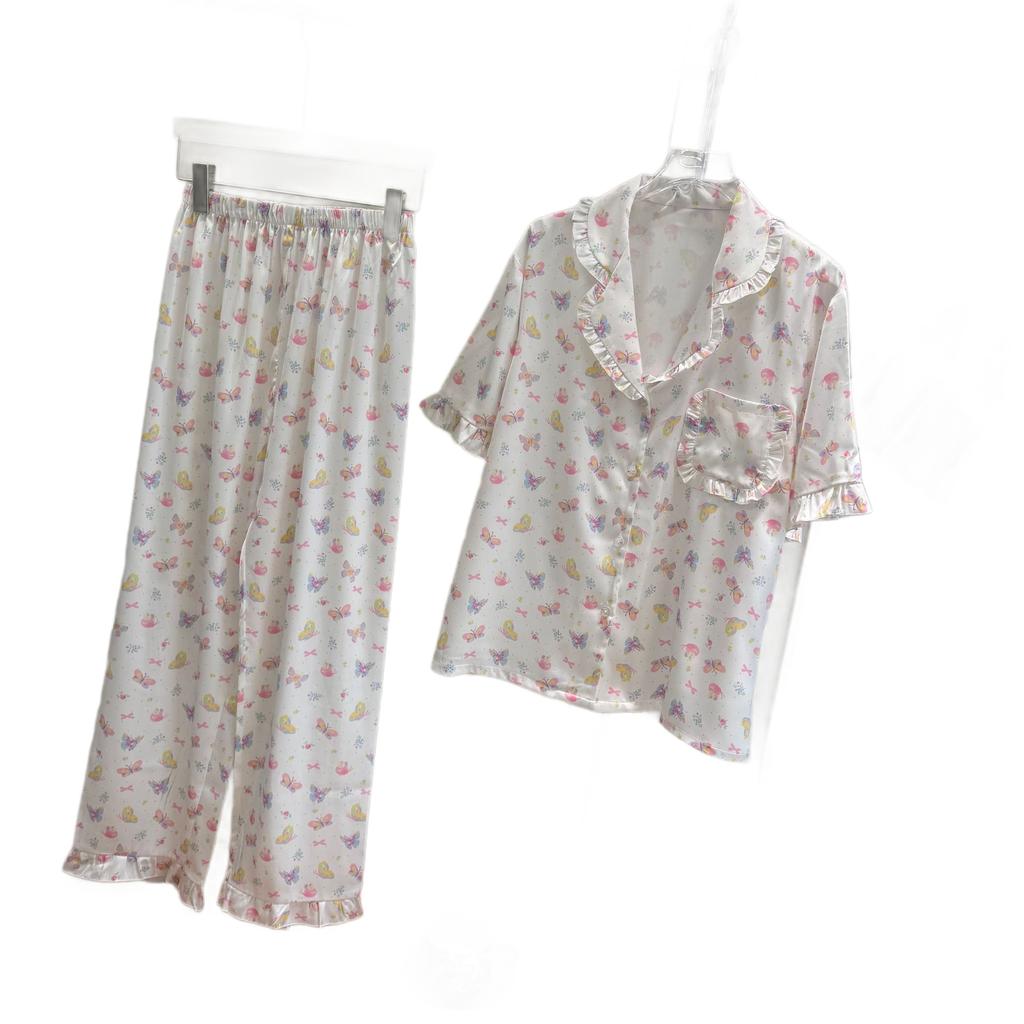 Summer Ice Silk Pajamas Women's Pure Desire Wind Printing Butterfly Loungewear Cute and Sweet Girl Short-sleeved Trousers Set Thin