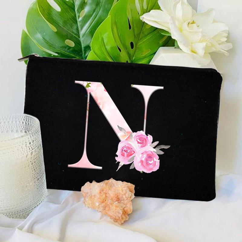 Damen Tasche Make-up Tasche Brautjungfer Make-up Taschen Blumen Alphabet Druck Leinen Reißverschluss Tasche Reise Organizer Etui Mujer Bolsas Kosmetik