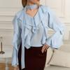Talenza Casual Ribbon Shirt Summer Ruffle Long Sleeve Loose Office Lady Shirt Top Solid See Through V-Neck Pullover Women Blouse